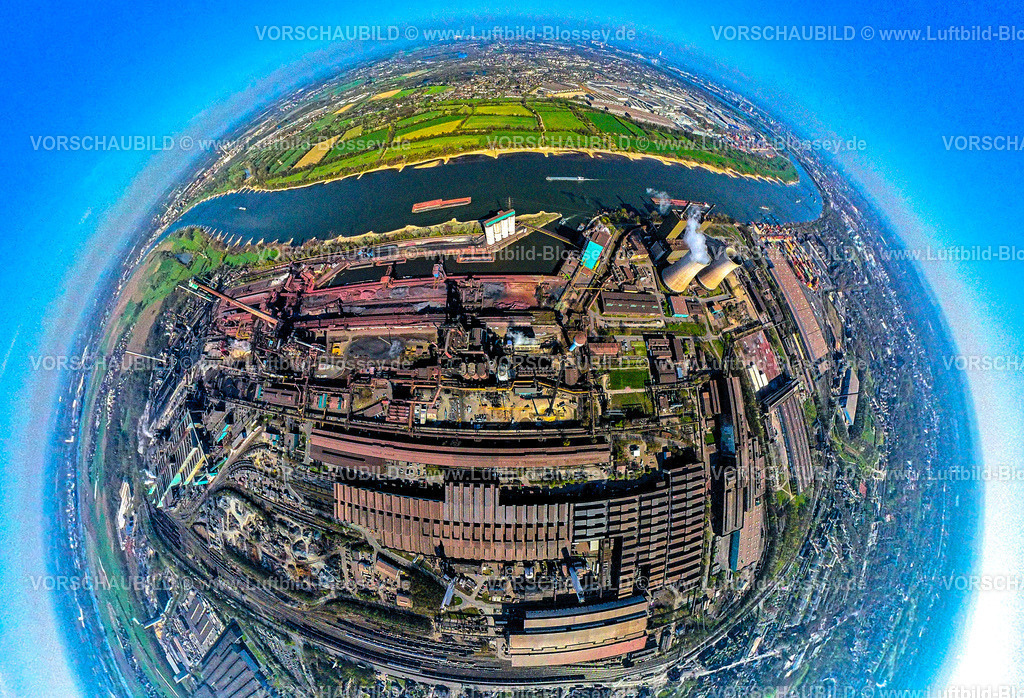 Duisburg250490021HKM | Luftbild, Hüttenwerke Krupp Mannesmann HKM am Fluss Rhein, Kokerei und Kühltürme mit Rauchwolken, Erdkugel, Fisheye Aufnahme, Fischaugen Aufnahme, 360 Grad Aufnahme, tiny world, little planet, fisheye Bild, Hüttenheim, Duisburg, Ruhrgebiet, Nordrhein-Westfalen, Deutschland