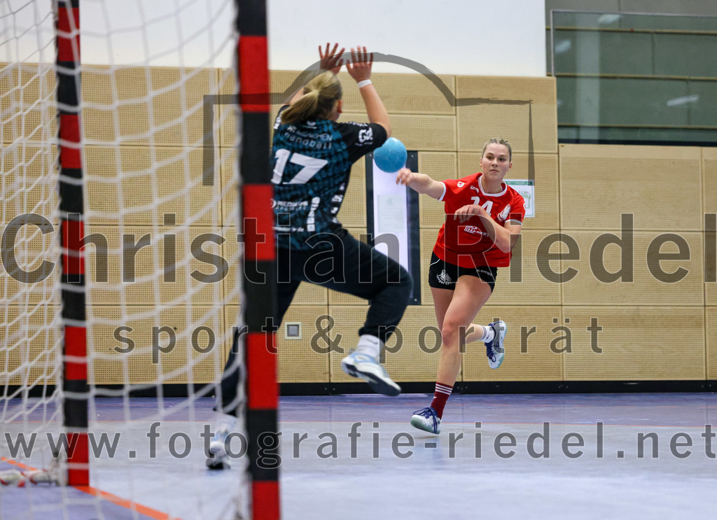 2022-11-27_080_SV_Anzing_gegen_HT_Muenchen_II | Anzing, Deutschland, 27.11.2022:
Handball, Bezirksliga 2022 / 2023, 7. Spieltag, SV Anzing gegen HT München II, Endergebnis: 28:32

Torfrau Jana Amelie Rogozinski (HT München, #17), Elena Holzmann (SV Anzing, #14)

Foto: Christian Riedel / fotografie-riedel.net