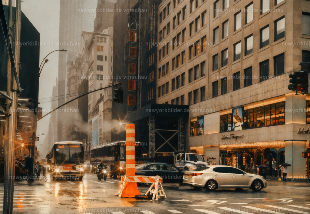 "Midtown traffic in the rain" - Ein warmer Sommerregen in Midtown | Ein warmer Sommerregen verwandelt Midtown Manhattan in ein faszinierendes Schauspiel aus Licht und Wasser. Die Straßen sind dunkel wie in der Nacht, obwohl es Tag ist, und der Regen prasselt in Strömen auf den Asphalt. Autos, Yellow Cabs und ein Linienbus kämpfen sich durch den dichten Verkehr, während sich die Lichter der Stadt in den Pfützen spiegeln. Dieses Foto fängt die rohe Energie von New York ein – eine Metropole, die selbst im Regen nicht stillsteht. Die Szene erzählt von Bewegung, Dynamik und der besonderen Stimmung, die entsteht, wenn Wetter und Stadt aufeinandertreffen. Ein Moment, der die Intensität des Sommers und die Kraft der urbanen Landschaft zeigt, eingefangen direkt nach der Ankunft aus dem Flughafen, als die ersten Schritte aus der Subway in die Straßen führten.
