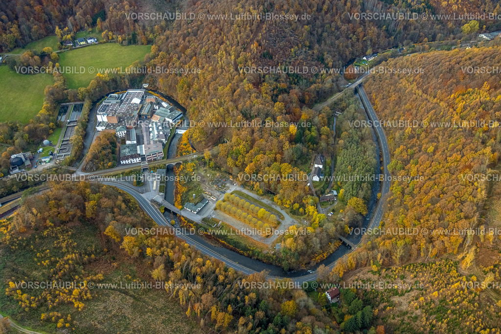 Hagen251102191 | Luftbild, Outokumpu Edelstahlwerk Gewerbegebiet Ruhrverband Kläranlage, Fluss Volme und Eisenbahnbrücke, herbstlicher Wald mit Baumallee, geschwungene Volmestraße Bundesstraße B54, Dahlerbrück, Schalksmühle, Ruhrgebiet, Nordrhein-Westfalen, Deutschland