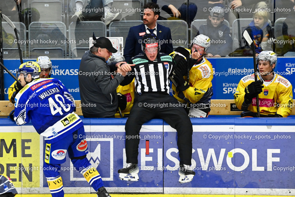 EC IDM WÄRMEPUMPEN VSV vs. Vienna Capitals | Equipment Manager Vienna Capitals Thomas Bardodej, Individualtrainer Vienna Capitals Rafael Rotter, #40 Elias Wallenta EC VSV, RIECKEN SIMON Referee, Referee sturtz auf die Spielerbank, EC IDM WÄRMEPUMPEN VSV vs. Vienna Capitals, EC IDM WÄRMEPUMPEN VSV vs. Vienna Capitals am 16.11.2025 in Villach (Stadthalle Villach), Austria, (Photo by Bernd Stefan)