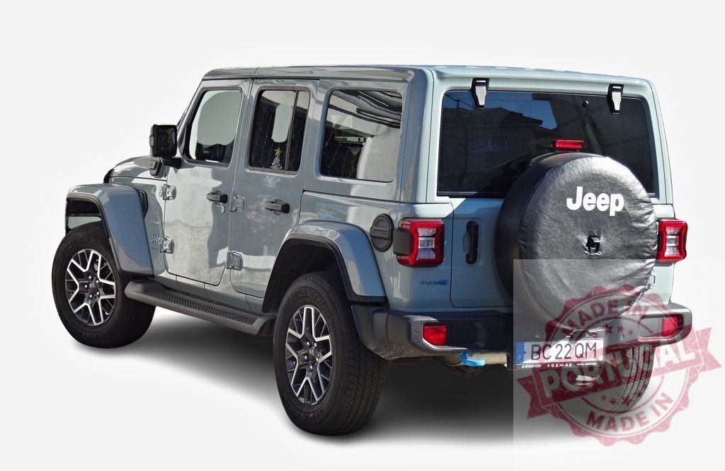 Modern Jeep Wrangler Unlimited Sahara Overland 4x4 SUV showcasing its rear design and spare tire | Stylish light green Jeep Wrangler Unlimited Sahara Overland parked, highlighting its rugged off-road capabilities and iconic design - Realized with Pictrs.com