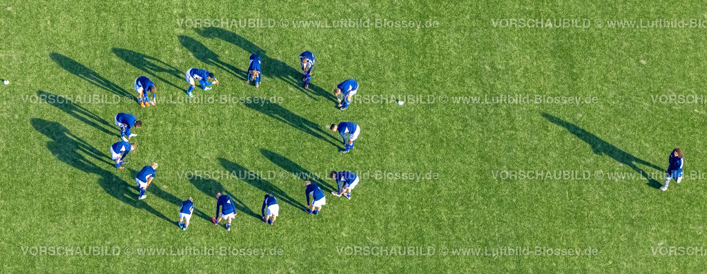 Gelsenkirchen221102184noerdlich | Luftbild, Fußballspieler Training, Trainingsplatz der VELTINS-Arena, Bundesligastadion des Fußballvereins FC Schalke 04, Erle, Gelsenkirchen, Ruhrgebiet, Nordrhein-Westfalen, Deutschland
