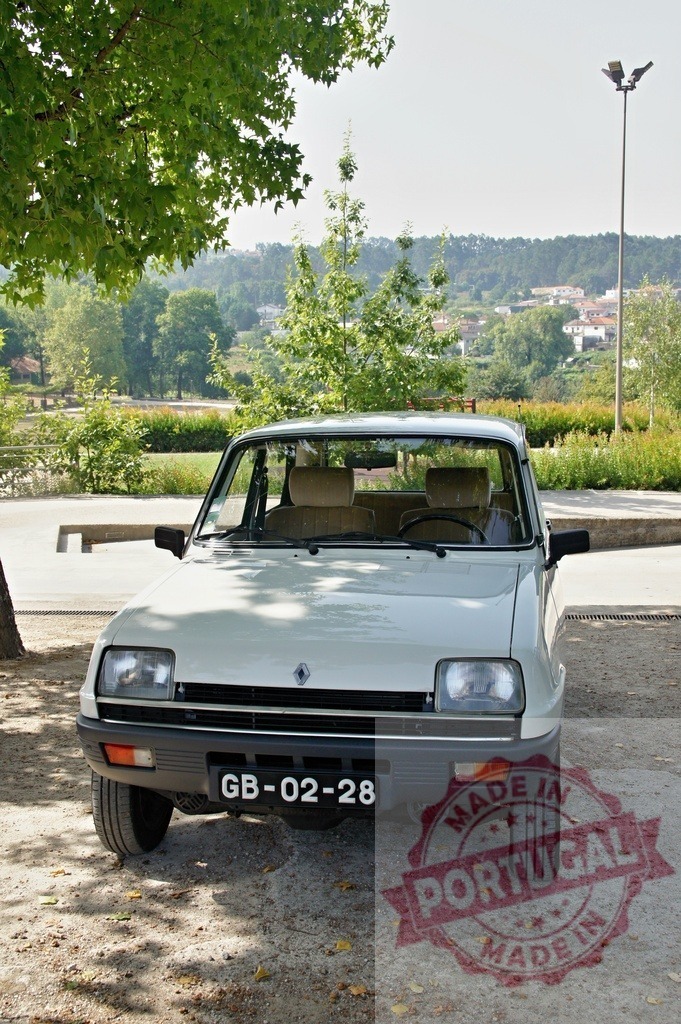 White Renault 5 parked near some trees with a village in the background | Classic white Renault 5 parked in the shade of some trees with a village in the background - Realisiert mit Pictrs.com