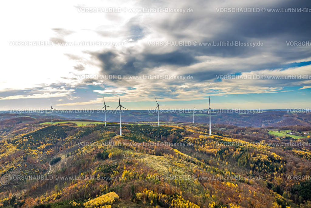 Hagen251101962 | Luftbild, Windräder und herbstlicher Wald Stoppelberg, blauer Himmel mit Wolken, Dahl, Hagen, Ruhrgebiet, Nordrhein-Westfalen, Deutschland