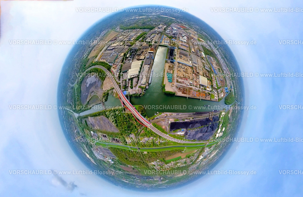 Essen240490056_Hafen_A42_Rhein-Herne-Kanal_StadtteilFreiheitEmscher | Luftbild, Stadthafen und neues Bauprojekt Freiheit Emscher, Rhein-Herne-Kanalbrücke mit rotem Geländer, Autobahn A42 Emscherschnellweg, Infrastruktur, Doppelbogenbrücke an der Stadtgrenze Bottrop, Essen-Nord Gladbecker Straße, Erdkugel, Fisheye Aufnahme, Fischaugen Aufnahme, 360 Grad Aufnahme, tiny world, little planet, fisheye Bild, Vogelheim, Essen, Ruhrgebiet, Nordrhein-Westfalen, Deutschland