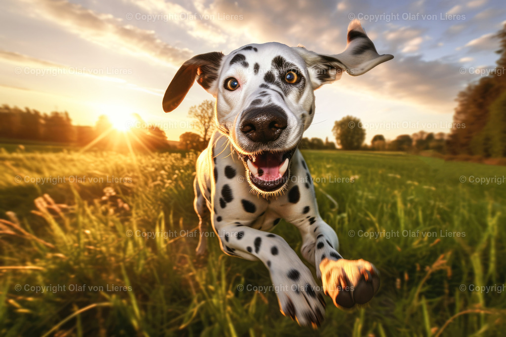 Dalmatiner auf einer Sommerwiese | Hunde tobt auf einer sommerlichen Wiese und ist glücklich