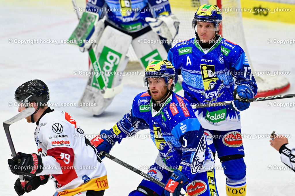 EC IDM Wärmepumpen VSV vs. Pioneers Vorarlberg | #19 Gilmour Brady PIONEERS VORARLBERG, #16 HANCOCK Kevin EC VSV, #77 LINDNER Philipp EC VSV, EC IDM Wärmepumpen VSV vs. Pioneers Vorarlberg, EC IDM Wärmepumpen VSV vs. Pioneers Vorarlberg am 14.12.2024 in Villach (Stadthalle Villach), Austria, (Photo by Bernd Stefan)