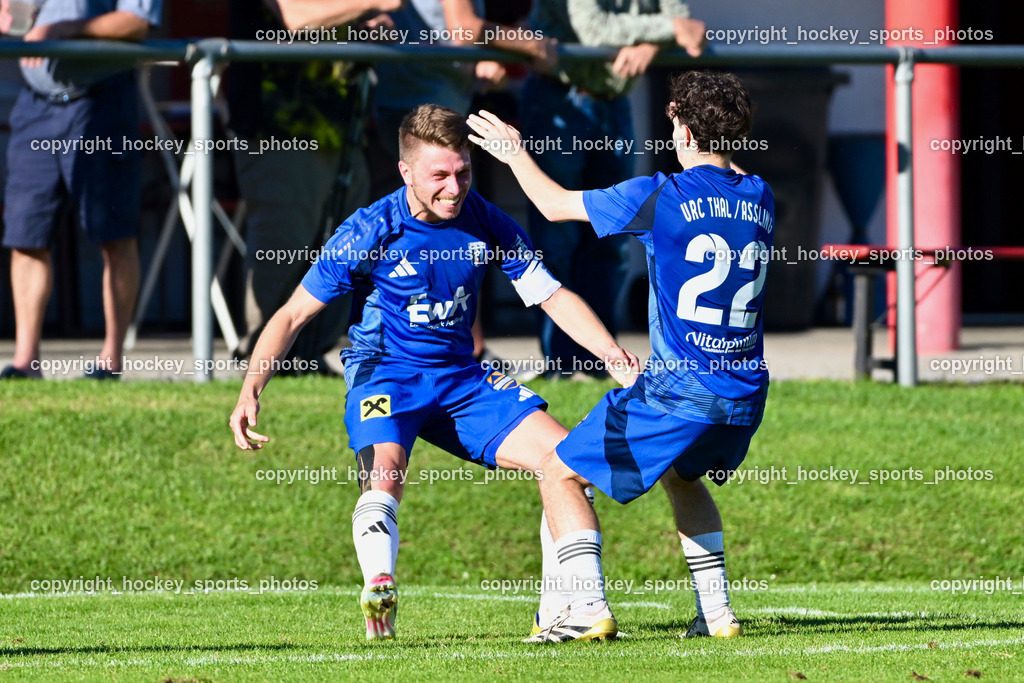 ATUS Nötsch vs. Thal Assling | Jubel Thal Assling Mannschaft, #27 Marcel Hubert Hecher ATUS Nötsch, #22 Samuel Stephan Schönegger Thal Assling, Dominik Kofler Thal Assling, ATUS Nötsch vs. Thal Assling, ATUS Nötsch vs. Thal Assling am 31.08.2025 in Nötsch (Dobratsch Arena), Austria, (Photo by Bernd Stefan)