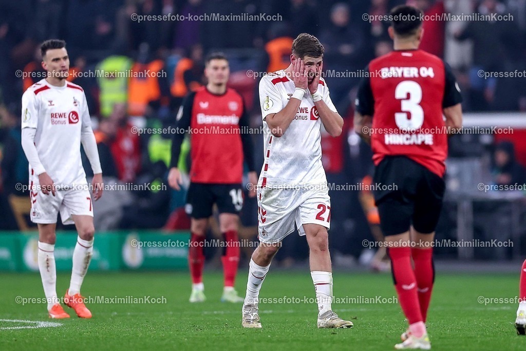 DFB05022501114 | 05.02.2025, Fußball, DFB-Pokal Viertelfinale, Bayer 04 Leverkusen - 1.FC Köln, BayArena, Saison 2024 2025: Entsetzen und Traurigkeit im gesicht von Imad Rondic (FC Köln #27)  nach dem VAR Entscheidung das Tor nicht zu geben. Enttäuschung, enttäuscht NiederlageDFB regulations prohibit any use of photographs as image sequences and or quasi-video.