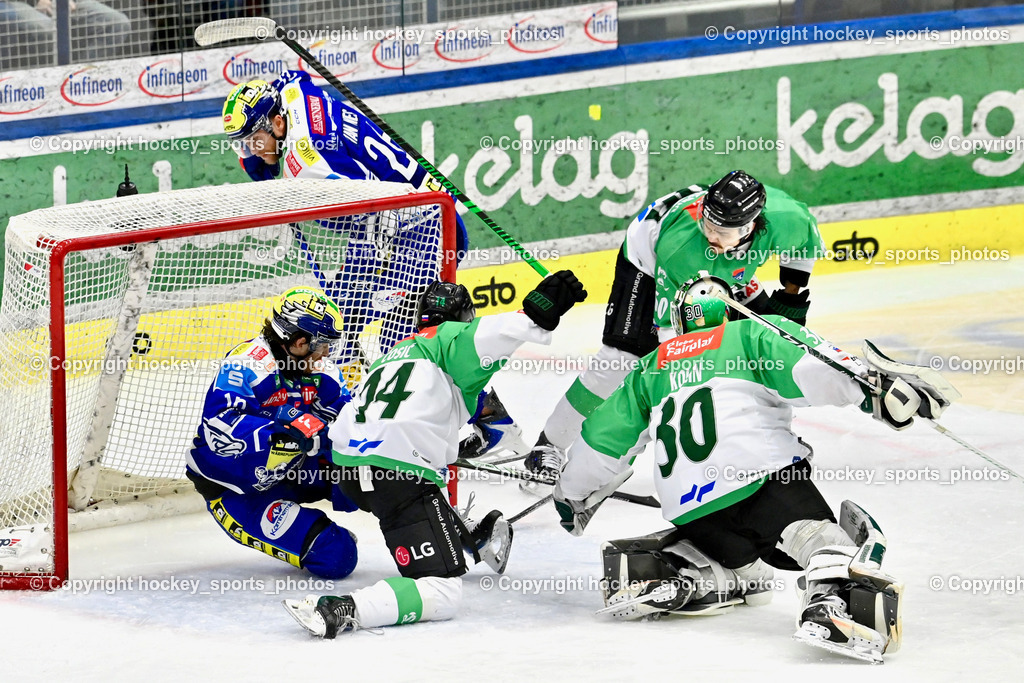 EC IDM WÄRMEPUMPEN VSV vs. Olimpija Ljubljana | #30 Luka Kolin Olimpija Ljubljana, #44 Aljosa Crnovic Olimpija Ljubljana, #16 Kevin Hancock EC VSV, #26 Guus van Nes EC VSV, #60 Clayton Kirichenko Olimpija Ljubljana, EC IDM WÄRMEPUMPEN VSV vs. Olimpija Ljubljana, EC IDM WÄRMEPUMPEN VSV vs. Olimpija Ljubljana am 01.02.2026 in Villach (Stadthalle Villach), Austria, (Photo by Bernd Stefan)