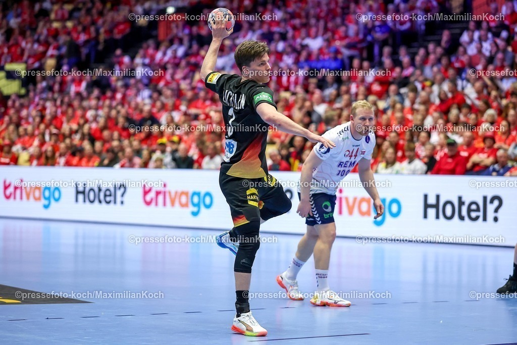 EHF24012603039 | 24.01.2026, Handball, Men's EHF EURO 2026, Deutschland - Norwegen, Jyske Bank Boxen in Herning, Dänemark, Main Round:  Nils Lichtlein (Germany #03) Siebenmeter