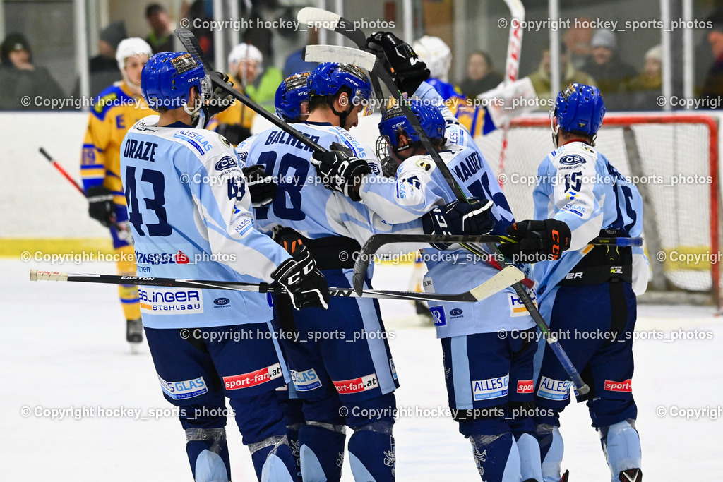 EHC Althofen vs. ESC Steindorf 27.2.2023 | #46 Maurer Julian, Jubel ESC Steindorf Mannschaft, #28 Bacher Stefan, #69 Kreuzer Philipp, #43 Oraze Martin, #15 Gasser Daniel