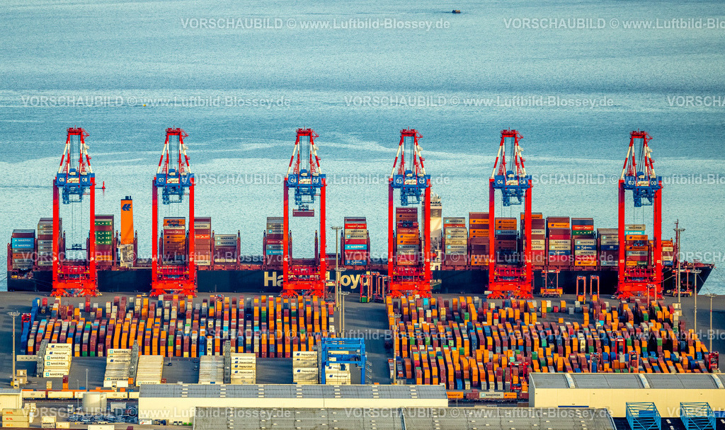 Wilhelmshaven251106552EurogateContainerTerminal | Luftbild, EUROGATE Container Terminal Wilhelmshaven GmbH (CTW), Hapag-Lloyd Schiff, Tiefwasserhafen JadeWeserPort an der Nordsee, Voslapp, Wilhelmshaven, Norddeutschland, Ostfriesland, Niedersachsen, Deutschland