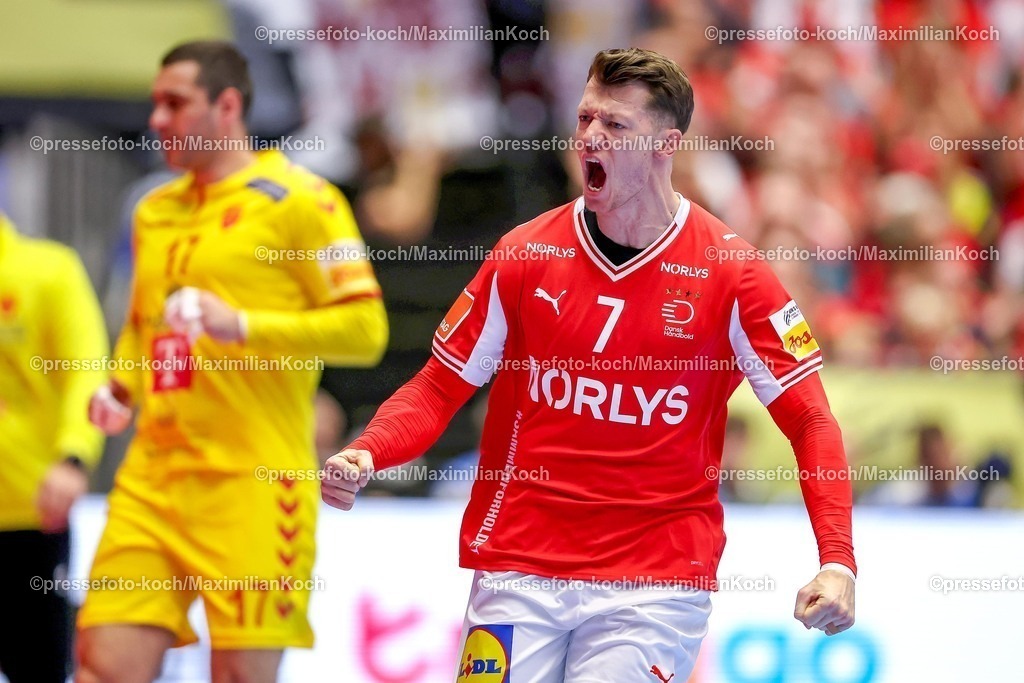EHF16012602129 | 16.01.2026, Handball, Men's EHF EURO 2026, Dänemark - Nordmazedonien, Jyske Bank Boxen in Herning, Dänemark, Preliminary Round:  Emil Jakobsen (Denmark #07) jubelnd