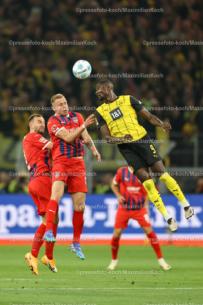 BVB13092402164 | 13.09.2024, 1. Fußball Bundesliga, Borussia Dortmund - 1. FC Heidenheim 1846, Signal Iduna Park, Saison 2024 2025: Kopfball Lennard Maloney (Heidenheim #33) gegen Serhou Guirassy (BVB #9)DFB regulations prohibit any use of photographs as image sequences and or quasi-video.