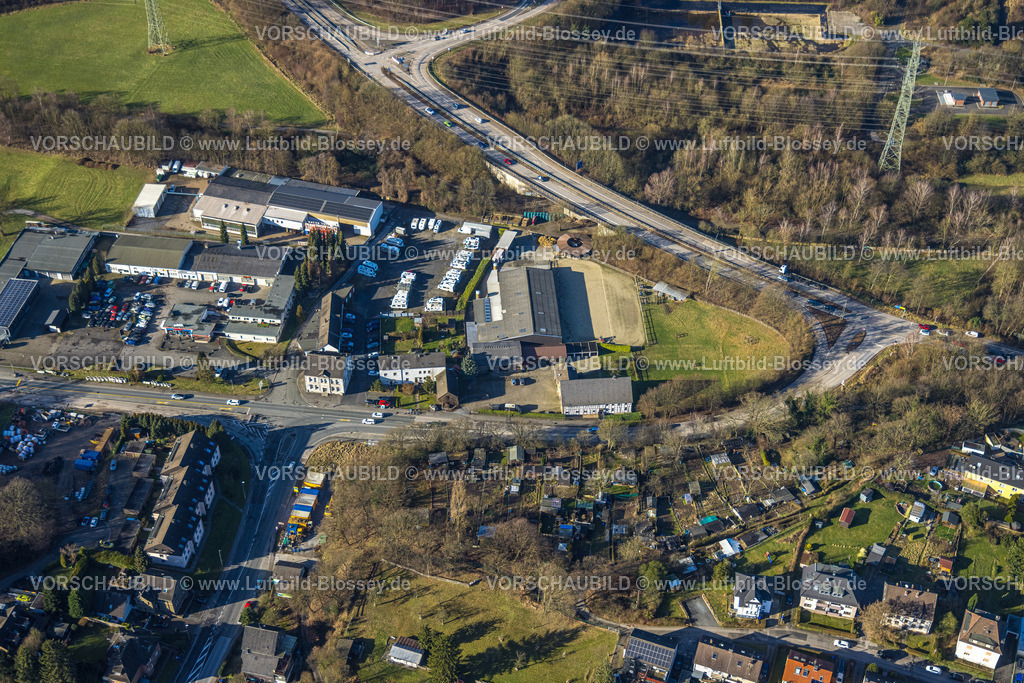 Witten240103123 | Luftbild, Autobahn A43 Anschlussstelle Witten-Herbede und Gewerbegebiet Wittener Straße, Westherbede, Witten, Ruhrgebiet, Nordrhein-Westfalen, Deutschland