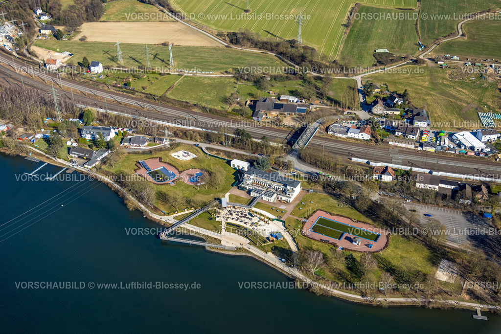 Hagen250302247 | Luftbild, Strandhaus Salitos Beach Hengsteysee Beach Club am Südufer Hengstey, Freibad, Herdecke, Ruhrgebiet, Nordrhein-Westfalen, Deutschland
