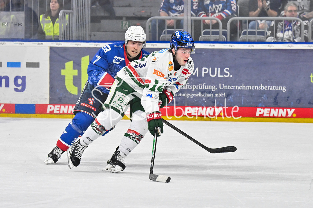 Adler Mannheim - Augsburger Panther | MANNHEIM, DEUTSCHLAND - 25. FEBRUAR: im Duell John GILMOUR (Adler Mannheim 7) und D. J. BUSDEKER (Augsburger Panther 14) während dem Match zwischen den Adler Mannheim und den Augsburger Panthern am 45. Spieltag der Penny DEL in der SAP Arena
