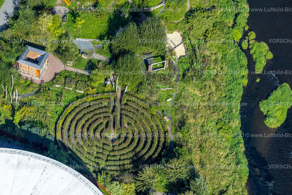Arnsberg230904818 | Luftbild, Natur-Erlebnis-Raum an der Ruhr mit Lavendel-Labyrinth, Arnsberg, Sauerland, Nordrhein-Westfalen, Deutschland
