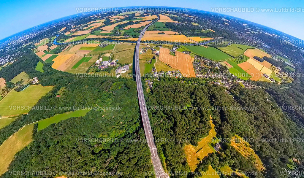 Muelheim230790108_Ruhrtal_A52 | Luftbild, Autobahn A52 und Mintarder Ruhrtalbrücke, Erdkugel, Fisheye Aufnahme, Fischaugen Aufnahme, 360 Grad Aufnahme, tiny world, Saarn, Mülheim an der Ruhr, Ruhrgebiet, Nordrhein-Westfalen, Deutschland