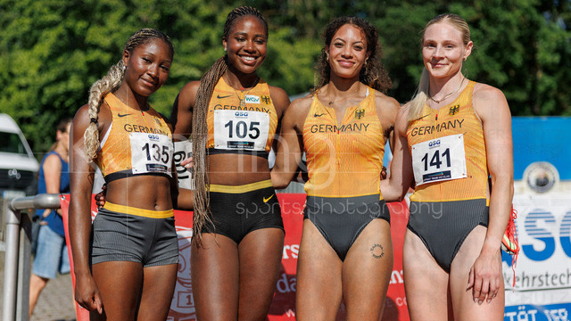 PUMA Fast Arms, Fast Legs; Wetzlar, 10.07.2026 | WETZLAR, GERMANY - JULY 10, 2026 :  DLV relay team Chelsea Kadiri (Sprintteam Wetzlar), Judith Bilepo Mokobe (USC Mainz), Viola John (LG Brillux Münster), Sina Mayer (LAZ Zweibrücken)  during the athletics meeting PUMA Fast Arms, Fast Legs at Stadion Wetzlar on July 10, 2026 in Wetzlar, Germany.