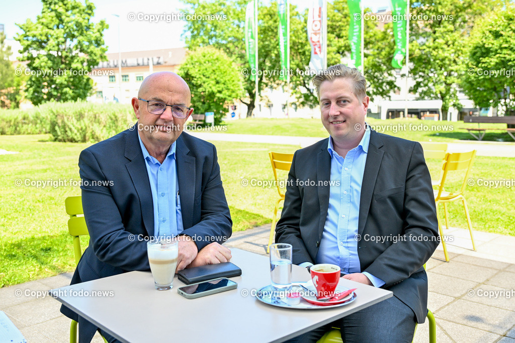 Interview Royda und Nell_ 15.05.2024-1 | 15.05.2024, Linz, AUT, Interview Royda und Nell, Gastronomie, Hotellerie, im Bild Gerold Royda (Fachgruppenobmann der Ooe. Hotellerie, Wirtschaftskammer Ooe), Michael Nell (VP, LAbg.)