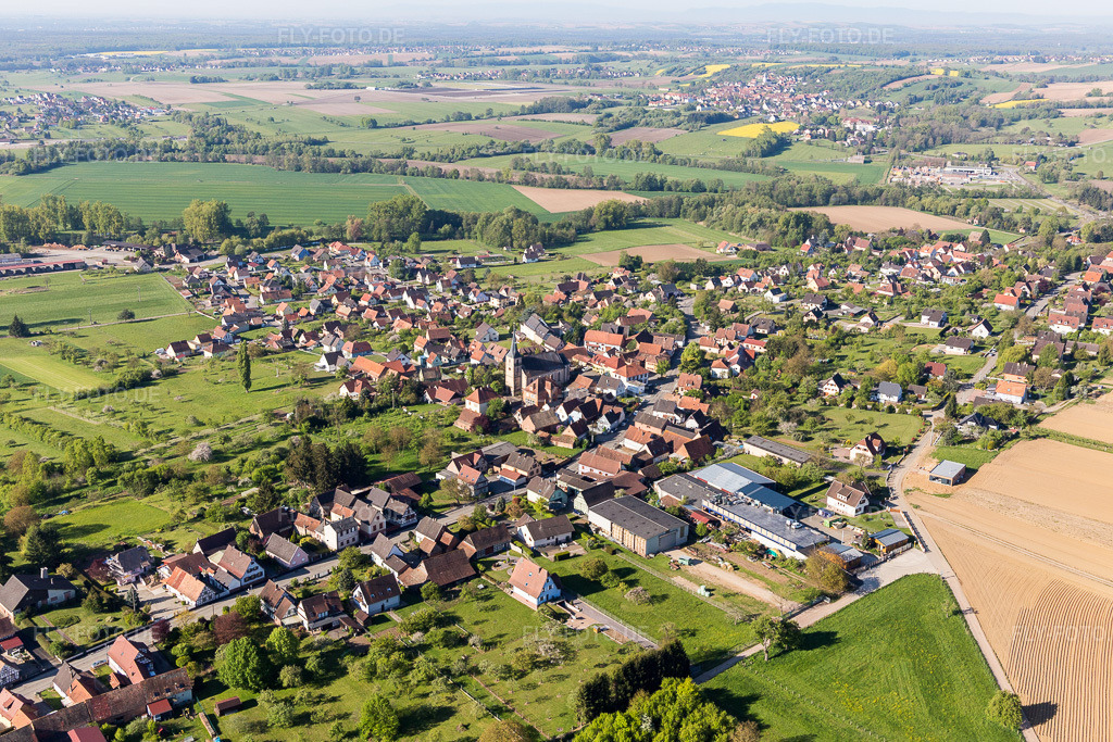 Luftbild: landwirtschaftlichen Feldern und Nutzflächen in Gunstett im Bundesland Bas-Rhin in Frankreich. Foto: IMG_099360.jpg vom 30.04.2017 durch Werner Riehm/FLY-FOTO.de