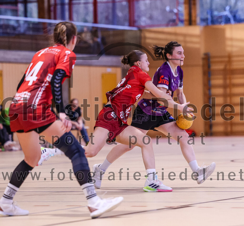 2025-02-22_080_SpVgg_Altenerding_gegen_TG_Landshut | Erding, Deutschland, 22.02.2025:Handball, Bezirksoberliga Frauen Altbayern 2024 / 2024, 15. Spieltag, SpVgg Altenerding gegen TG Landshut, Endergebnis: 25:22Isabella Gschossmann (TG Landshut, #14), Sophia Steinherr (TG Landshut, #58), Katharina Künstner (SpVgg Altenerding, #23)Foto: Christian Riedel / fotografie-riedel.net