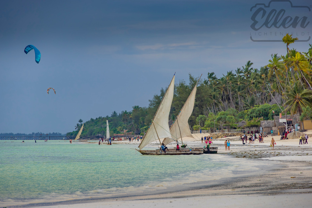 Sails Beneath the Tropic Sky | Traditional dhows glide along Zanzibar’s turquoise shore as kites dance above the sea. Between the deep blue sky and the whispering palms, the spirit of the island breathes — timeless and free. - Realisiert mit Pictrs.com