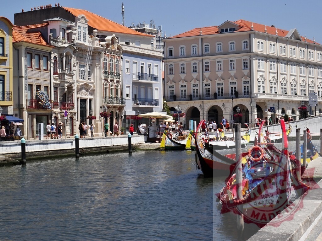 Aveiro canal with moliceiro boats and historic architecture. Aveiro - Portugal | Moliceiro boats moored along a canal reflecting historic buildings and activity in Aveiro, Portugal - Realized with Pictrs.com