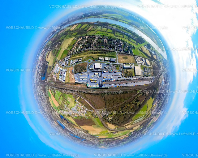 Duisburg240390015LogPortIIIHohenbudberg-2 | Luftbild, logport III, KV-Terminal, Eisenbahnsiedlung Hohenbudberg am Fluss Rhein, Erdkugel, Fisheye Aufnahme, Fischaugen Aufnahme, 360 Grad Aufnahme, tiny world, little planet, fisheye Bild, Friemersheim, Duisburg, Ruhrgebiet, Nordrhein-Westfalen, Deutschland, Duisburg-fish