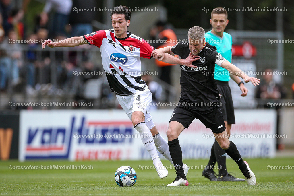 Koe3Liga27042401008 | 27.04.2024, Köln, Fußball, bwin 3. Liga Herren, Sportpark Höhenberg, 35. Spieltag, Saison 2023 2024, FC Viktoria Köln – Preußen Münster: Jeremias Lorch (Viktoria Köln) gegen Marc Lorenz (Preußen Münster). 
DFB regulations prohibit any use of photographs as image sequences and or quasi-video.
