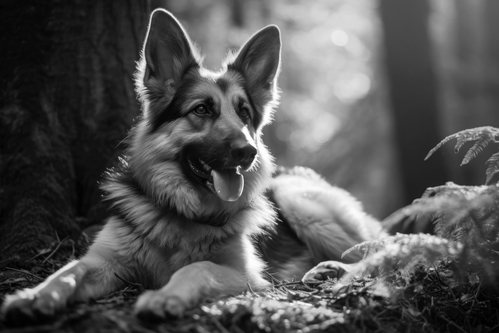 2401019 - Schäferhund in schwarzweiß | Portät eines Schäferhundes im Wald im Stil einer SW-Fotografie.