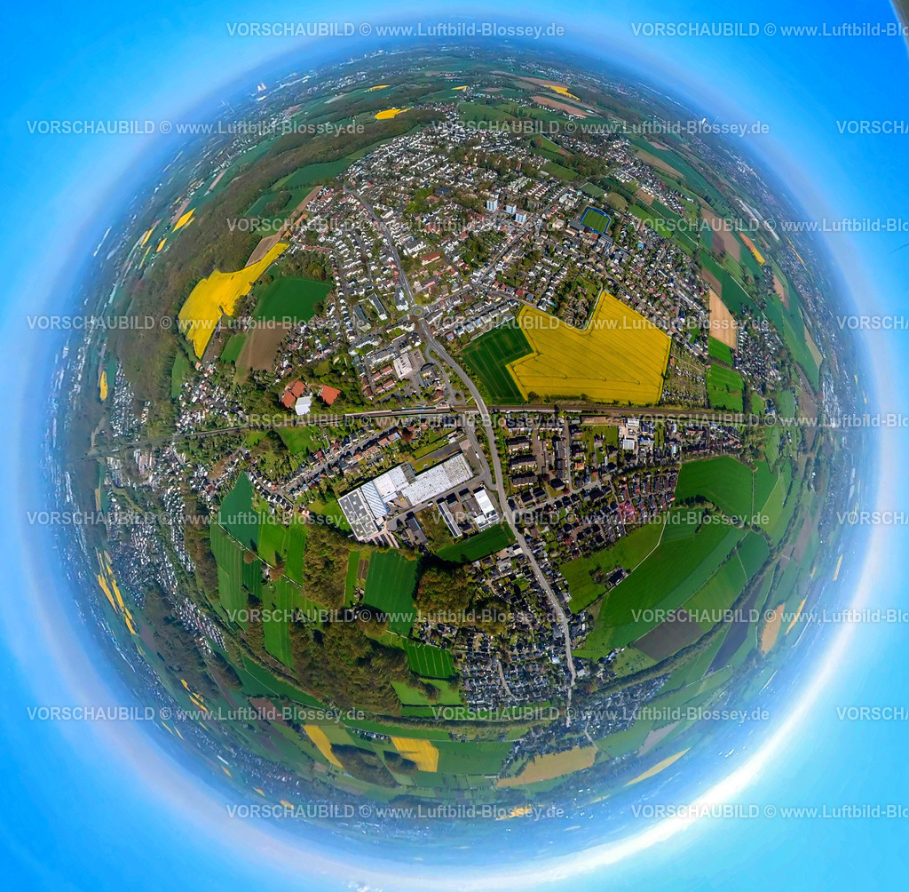 Kamen230520021Methler | Luftbild, Ortsansicht Methler, Durable Werk und Methler Bahnhof, Rapsfelder, Erdkugel, Fisheye Aufnahme, Fischaugen Aufnahme, 360 Grad Aufnahme, Kaiserau, Kamen, Ruhrgebiet, Nordrhein-Westfalen, Deutschland