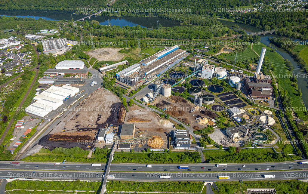 Hagen240504079 | Luftbild, Funke Zeitungsdruckereien Verlag, Heizkraftwerk Hagen-Kabel, am Hengsteysee mit Eisenbahnbrücke der Lennemündung, Autobahn A1, Boele, Hagen, Ruhrgebiet, Nordrhein-Westfalen, Deutschland