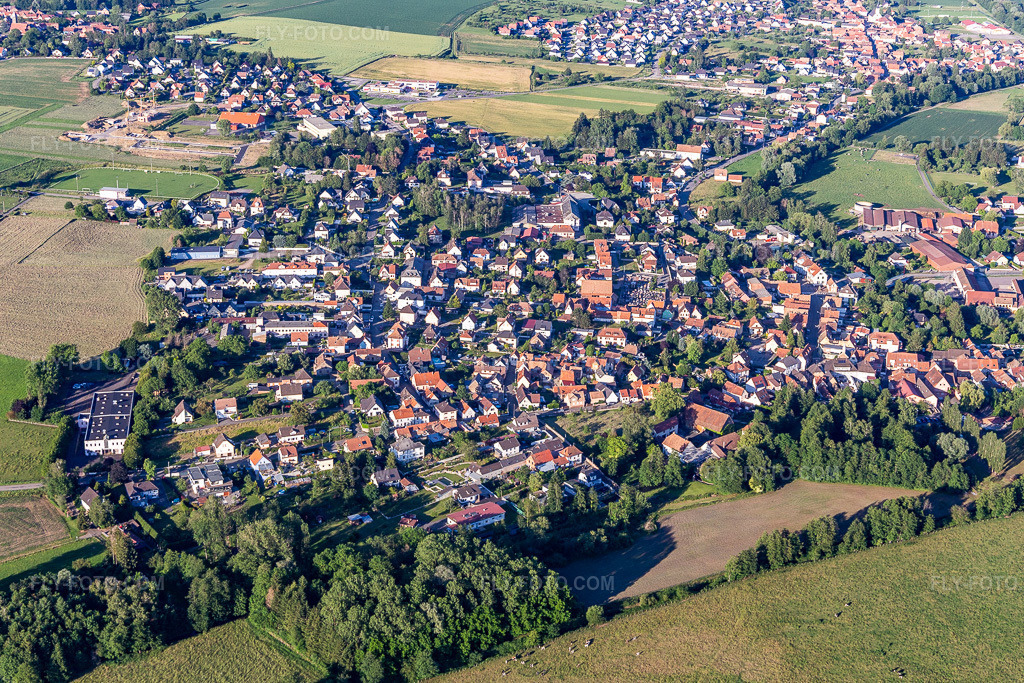 Aerial view: View of the town in Val de Moder in the state Bas-Rhin, France.Photo: IMG_115443.jpg taken on 06/16/2019 by Werner Riehm/FLY-FOTO.comResolution of the original: 5104 x 3403 px