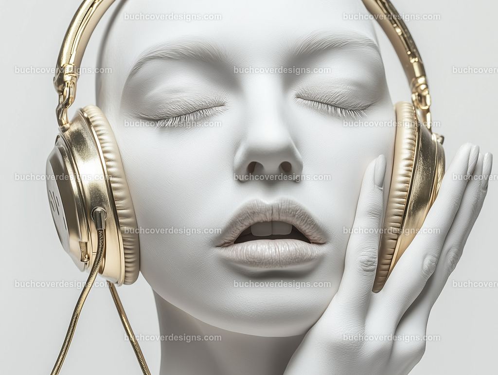 Gesicht einer Frau mit Kopfhörer (195) | white painted woman face wear a golden headphone and hold it with her hands, see the face - close up - studio light - vivid colors - high detail - realistic - photo - sureal --chaos 5 --ar 4:3 --stylize 50 --weird 100 --v 6.1 Job ID: 8f9a02c3-d94d-408e-87f9-10fabc466e3a