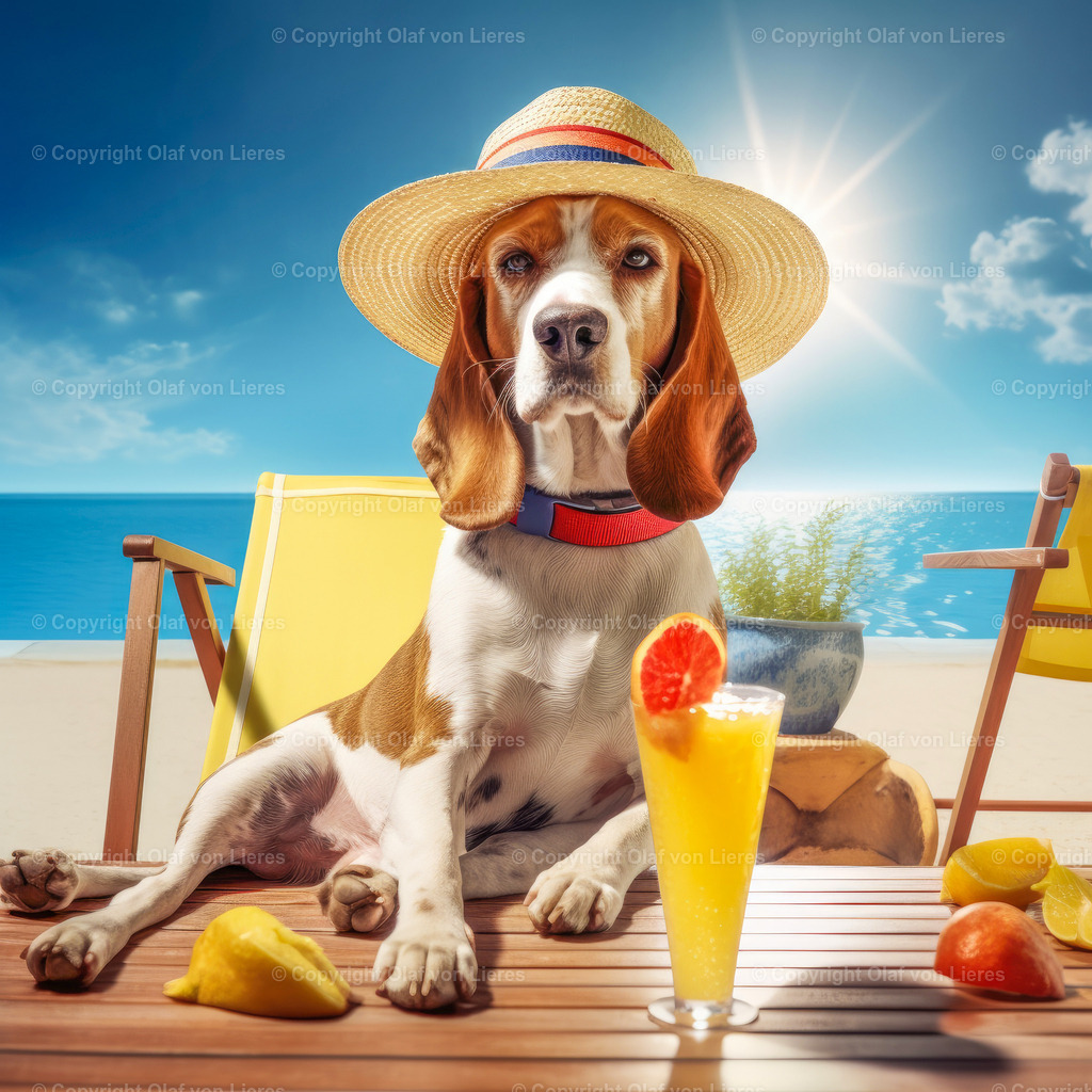 Hund mit Sonnenhut am Strand | lustiger Hund chillt am Strand und macht Urlaub