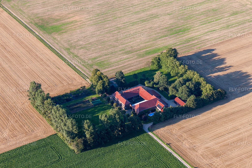 Luftbild: Gartengestaltung und Baumschule Schläger im Ortsteil Gevelsdorf in Titz im Bundesland Nordrhein-Westfalen in Deutschland. – Foto: IMG_44690.jpg vom 20.08.2011 durch Werner Riehm/FLY-FOTO.de – Auflösung des Originals: 4752 x 3168 px – Baumschule und Gartengestaltung Schläger