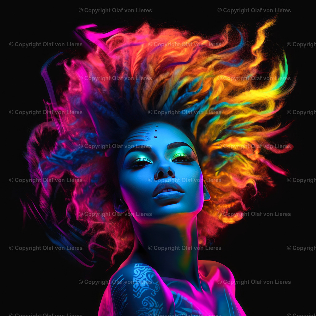 Frau mit bunten Haaren | Neonfarben auf schwarzem Hintergrund