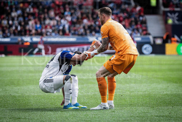 German Bundesliga, Bayer 04 Leverkusen vs. Hamburger SV, 16.05.2026 | LEVERKUSEN, GERMANY - MAY 16, 2026 :  Keeper Mark Flekken (Bayer 04 Leverkusen, 1) helpsNicolas Capaldo (Hamburger SV, 24) after an injury during the German Bundesliga match on gameday 34 between Bayer 04 Leverkusen vs. Hamburger SV at BayArena on May 16, 2026 in Leverkusen, Germany. DFL REGULATIONS PROHIBIT ANY USE OF PHOTOGRAPHS AS IMAGE SEQUENCES AND/OR QUASI-VIDEO.