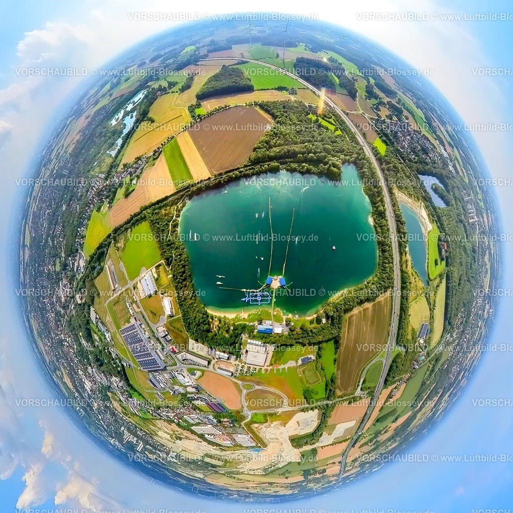 Beckum230891027 Tuttenbrocksee-topaz | Luftbild, Tuttenbrocksee, TwinCable Beckum Wasserski-Anlage im See, Gewerbegebiet Obere Brede, Erdkugel, Fisheye Aufnahme, Fischaugen Aufnahme, 360 Grad Aufnahme, tiny world, Beckum,  Münsterland, Nordrhein-Westfalen, Deutschland