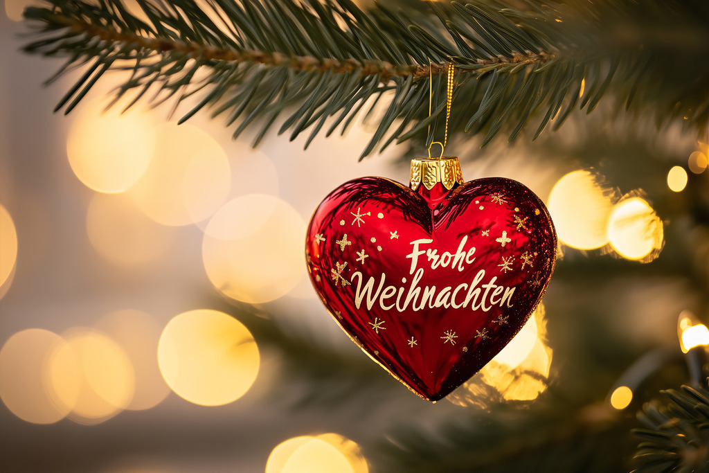 Frohe Weihnachten (K.I.-generiert) | Christmas greetings: Red heart with the inscription FROHE WEIHNACHTEN (Merry Christmas) on a decorated Christmas tree (A.I.-generated) - Realisiert mit Pictrs.com