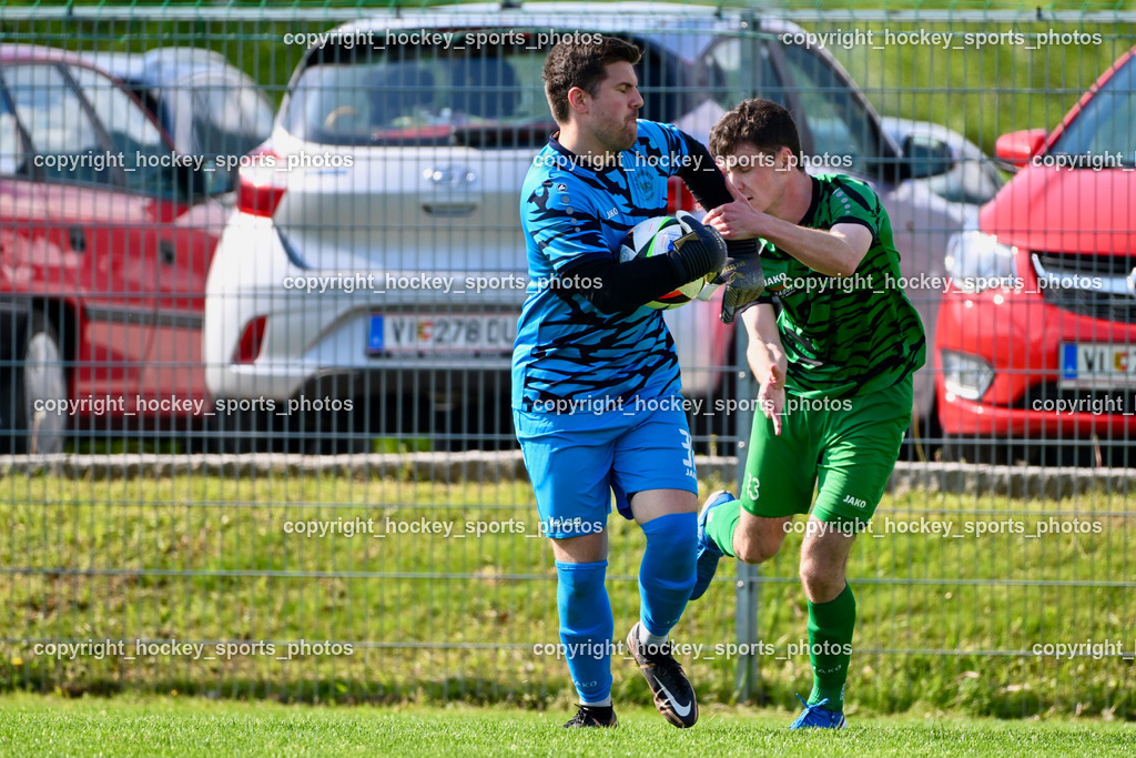 SC Landskron vs. FC Faakersee | #38 Michael Lessiak FC Faakersee, #13 Christopher Kotz SC Landskron, SC Landskron vs. FC Faakersee, SC Landskron vs. FC Faakersee am 27.04.2025 in Villach (Sportanlage Landskron), Austria, (Photo by Bernd Stefan)