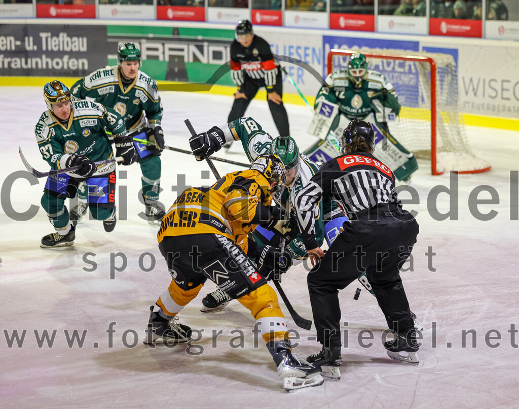 2025-11-02_058_TSV_Erding_gegen_EV_Fuessen | Erding, Deutschland, 02.11.2025:Eishockey, Oberliga Süd 2025 / 2026, 15. Spieltag, TSV Erding gegen EV Füssen, Endergebnis: 2:6Thomas Matheson (Erding Gladiators, #37), Jesse Kauhanen (Erding Gladiators, #4), Matyas Stransky (EV Füssen, #88), Maximilian Forster (Erding Gladiators, #81)Foto: Christian Riedel / fotografie-riedel.net