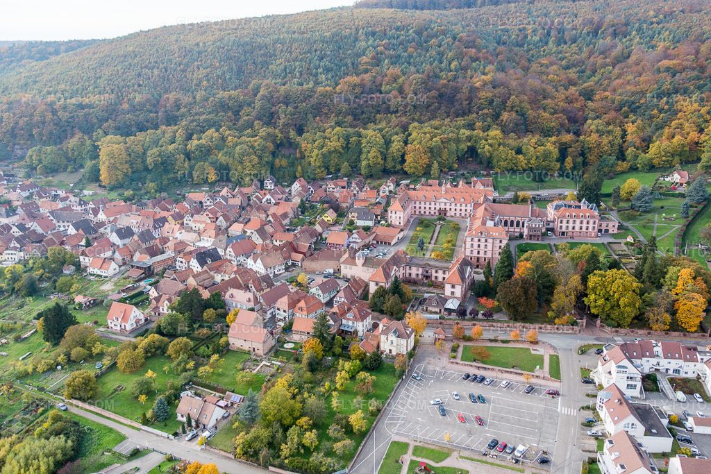 Aerial view: Monastery building complex Oberbronn in Oberbronn in the state Bas-Rhin, France.Photo: IMG_084771.jpg taken on 10/24/2015 by Werner Riehm/FLY-FOTO.comResolution of the original: 5472 x 3648 px