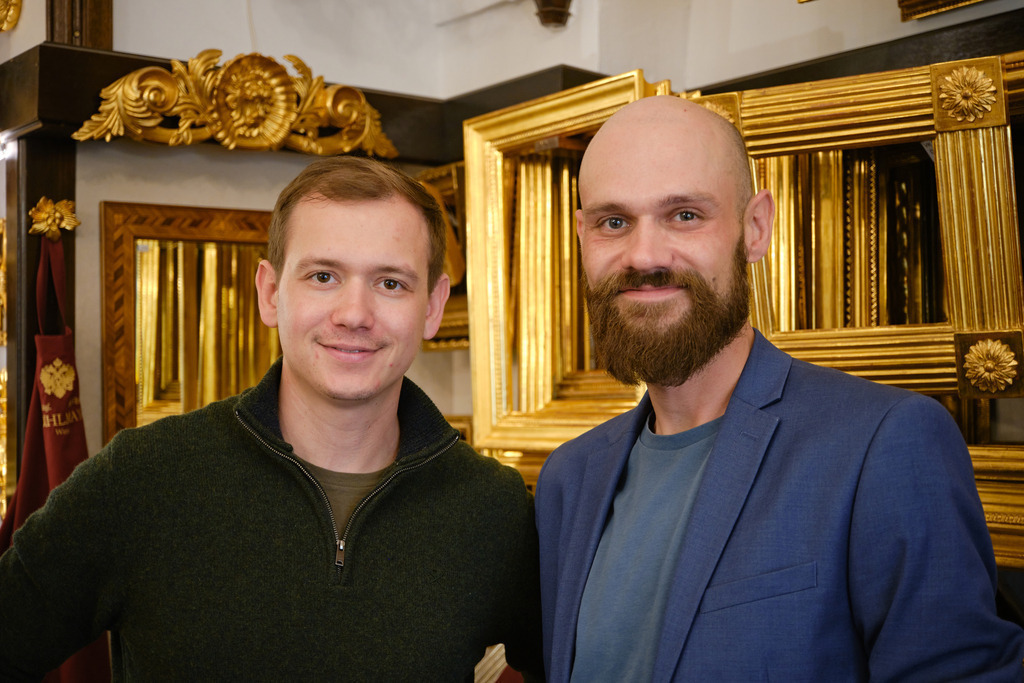 Bühlmayer Hofvergolder | WIen, Austria - April 29, 2025; C. Bühlmayer - K.u.K. Hofvergolder, Porträt Constantin und Dominikus Haider. - Realisiert mit Pictrs.com