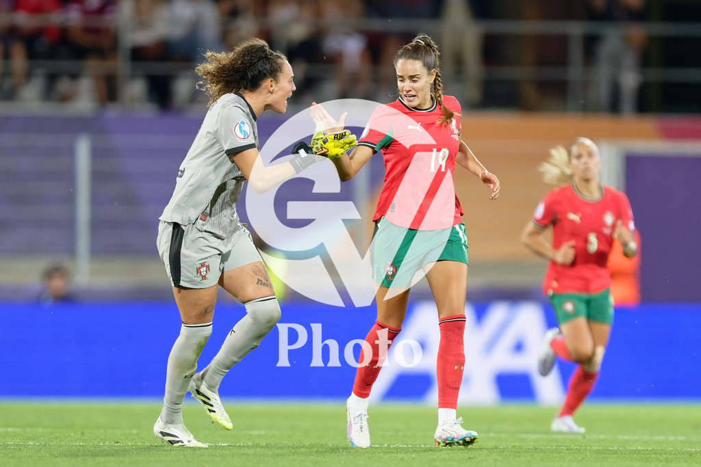 Portugal v Belgium: UEFA Women's EURO 2025 Group B | SION, SWITZERLAND - JULY 11: Patricia Morais of Portugal (L) and Diana Gomes of Portugal (R) celebrates after her team scores the first goal  during the UEFA Women's EURO 2025 Group B match between Portugal and Belgium at Stade de Tourbillon on July 11, 2025 in Sion, Switzerland. (Photo by Giuseppe Velletri/Sports Press Photo/Getty Images)