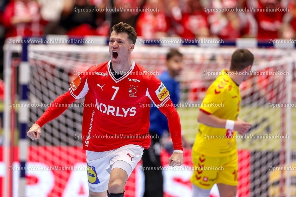 EHF16012602026 | 16.01.2026, Handball, Men's EHF EURO 2026, Dänemark - Nordmazedonien, Jyske Bank Boxen in Herning, Dänemark, Preliminary Round:  Emil Jakobsen (Denmark #07)  jubelnd 